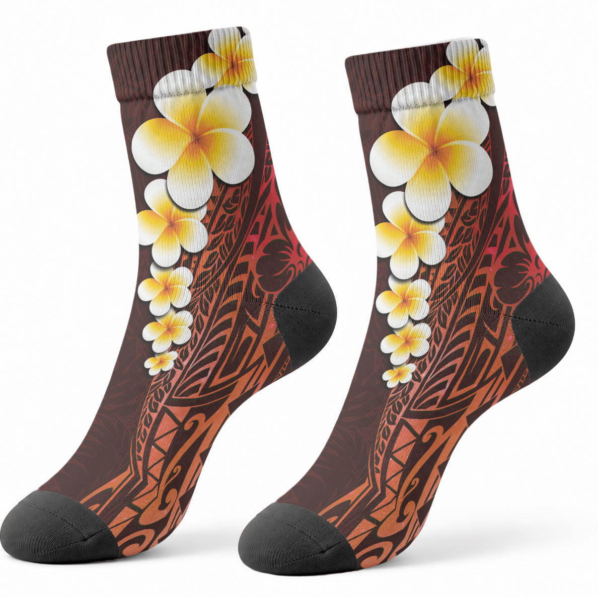 Red Tropical Plumeria With Galaxy Polynesian Art Crew Socks