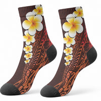 Red Tropical Plumeria With Galaxy Polynesian Art Crew Socks