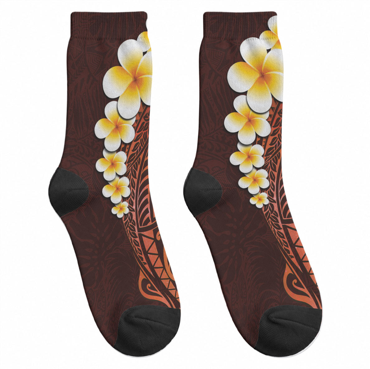 Red Tropical Plumeria With Galaxy Polynesian Art Crew Socks