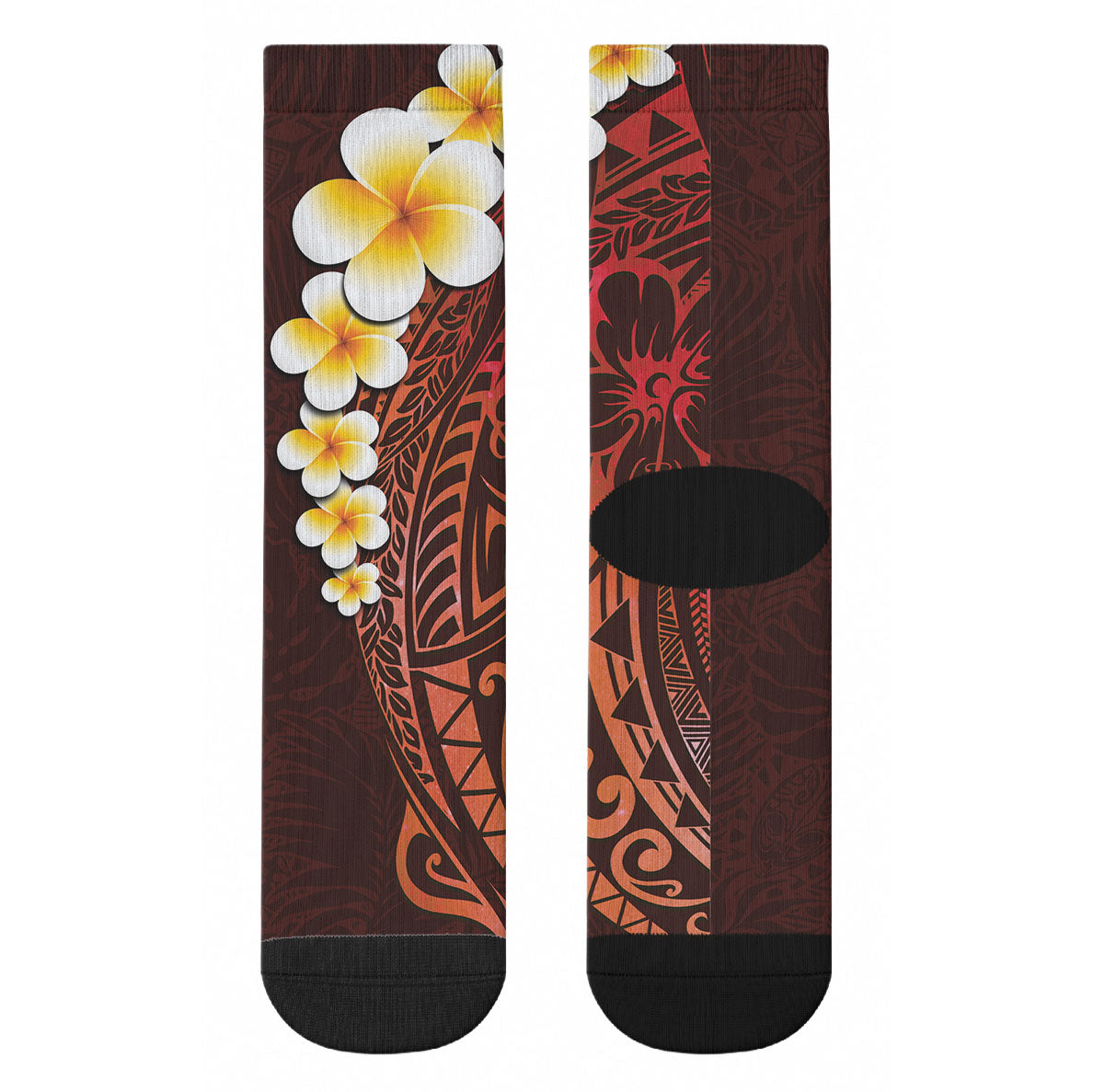 Red Tropical Plumeria With Galaxy Polynesian Art Crew Socks