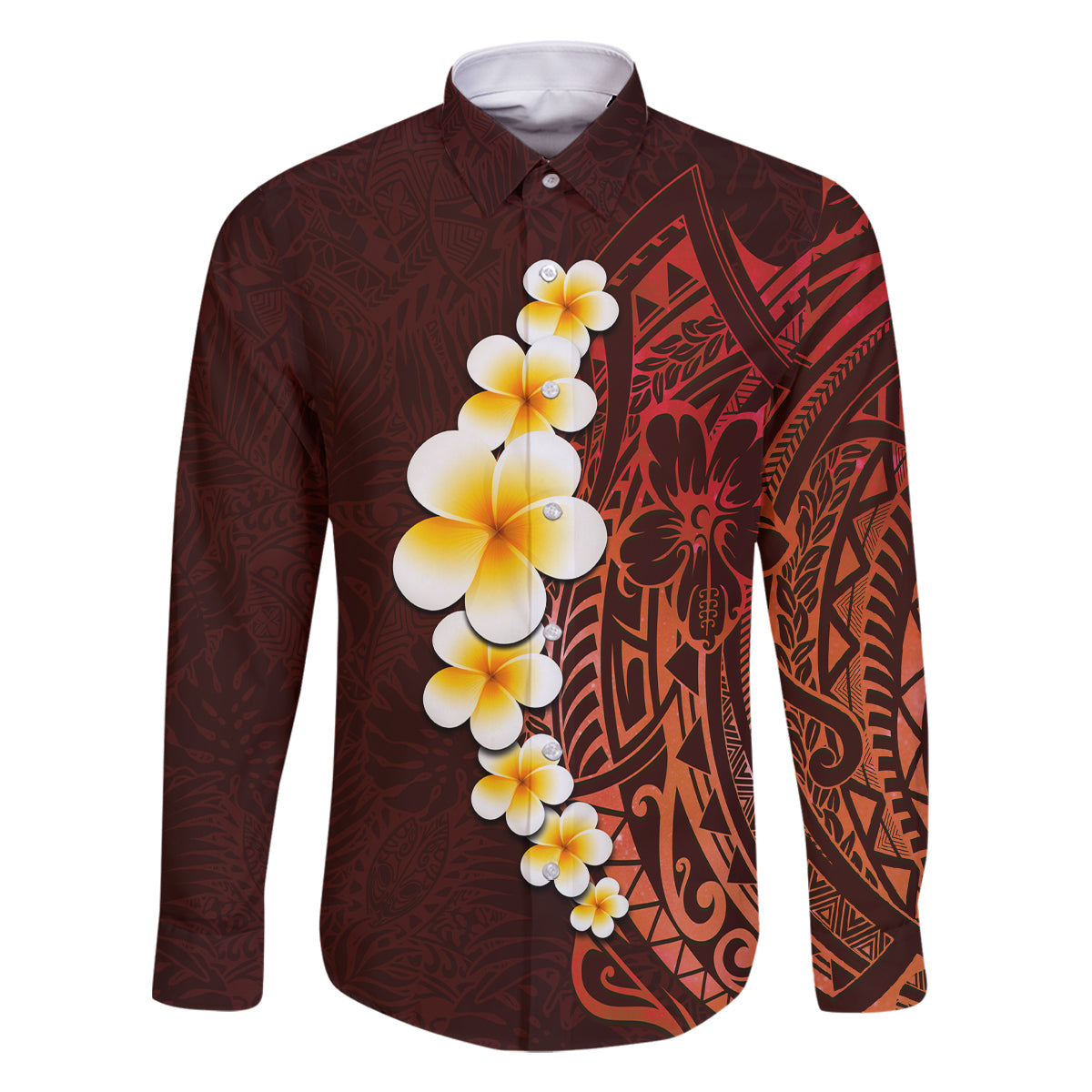 Red Tropical Plumeria With Galaxy Polynesian Art Family Matching Tank Maxi Dress and Hawaiian Shirt LT14 Dad's Shirt - Long Sleeve Red - Polynesian Pride