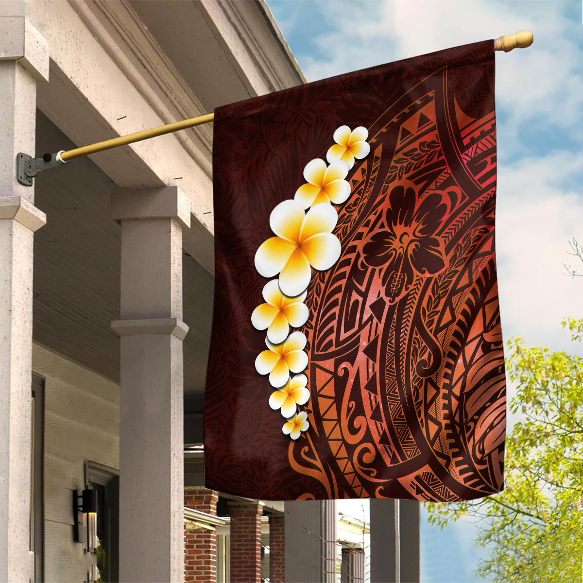 Red Tropical Plumeria With Galaxy Polynesian Art Garden Flag LT14 House Flag Red - Polynesian Pride