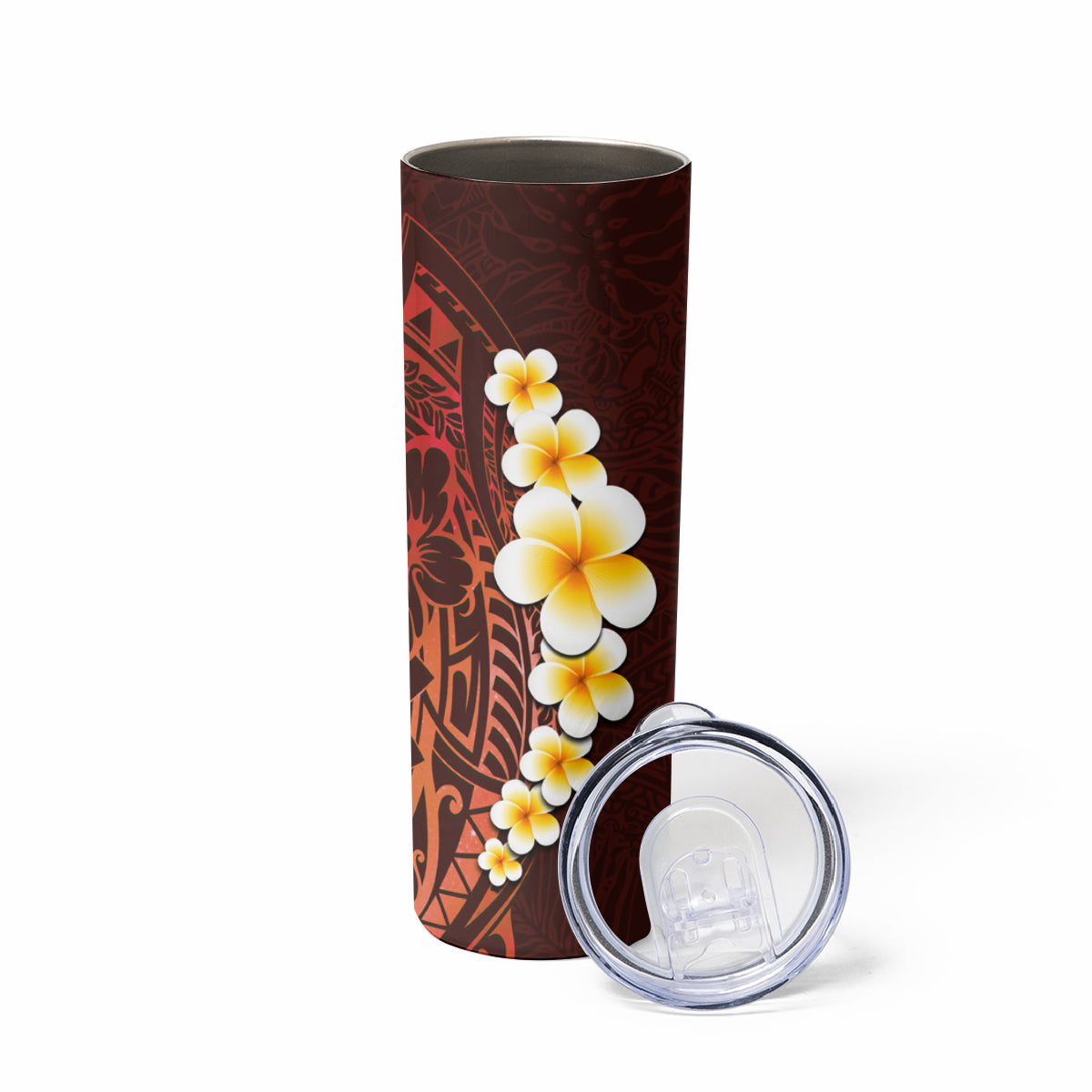 Red Tropical Plumeria With Galaxy Polynesian Art Skinny Tumbler