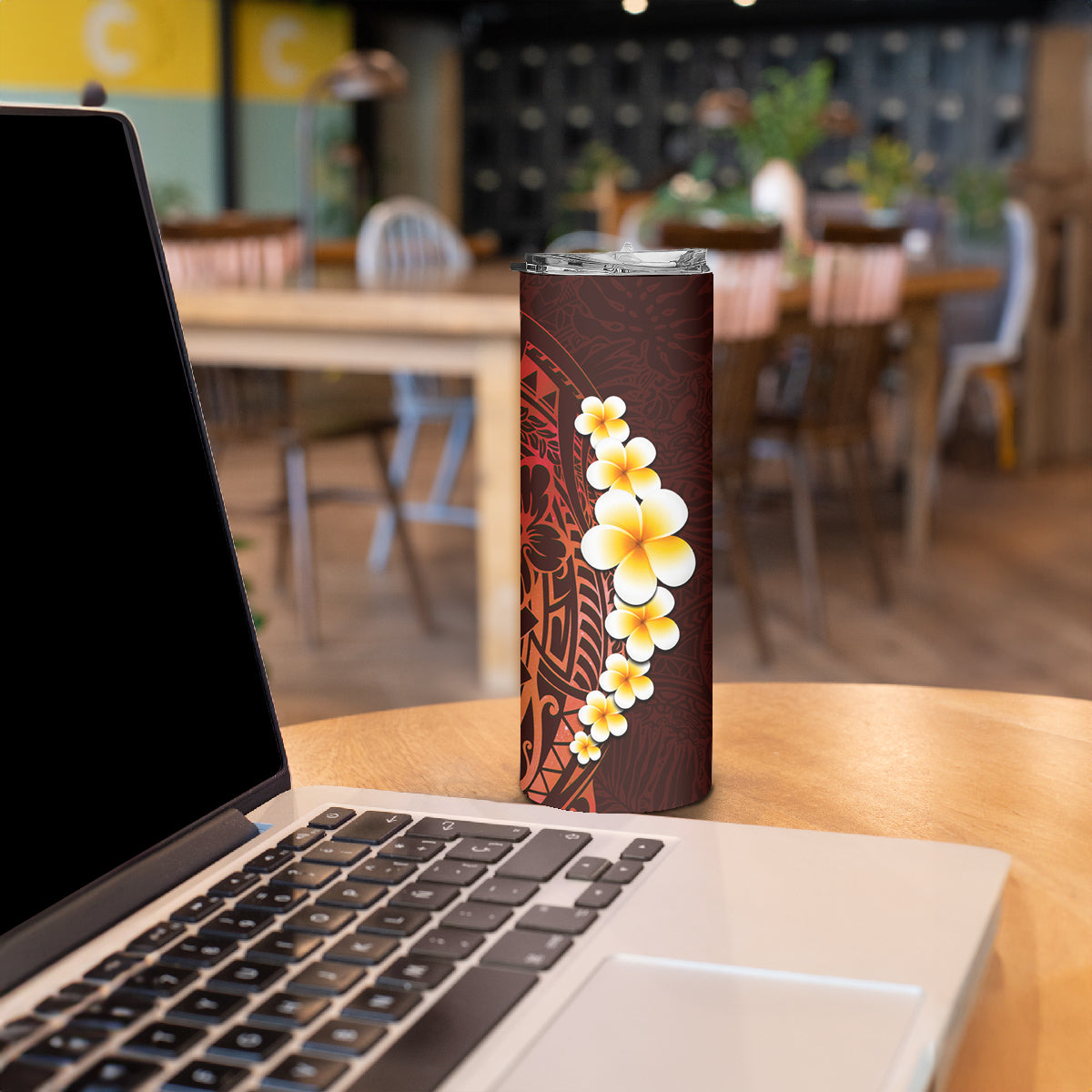Red Tropical Plumeria With Galaxy Polynesian Art Skinny Tumbler