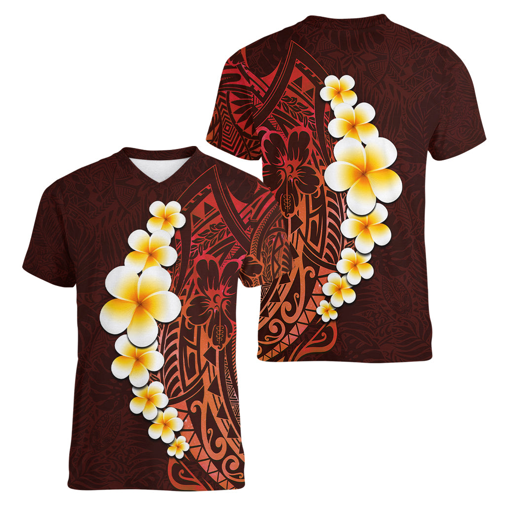 Red Tropical Plumeria With Galaxy Polynesian Art Women V Neck T Shirt LT14 - Polynesian Pride