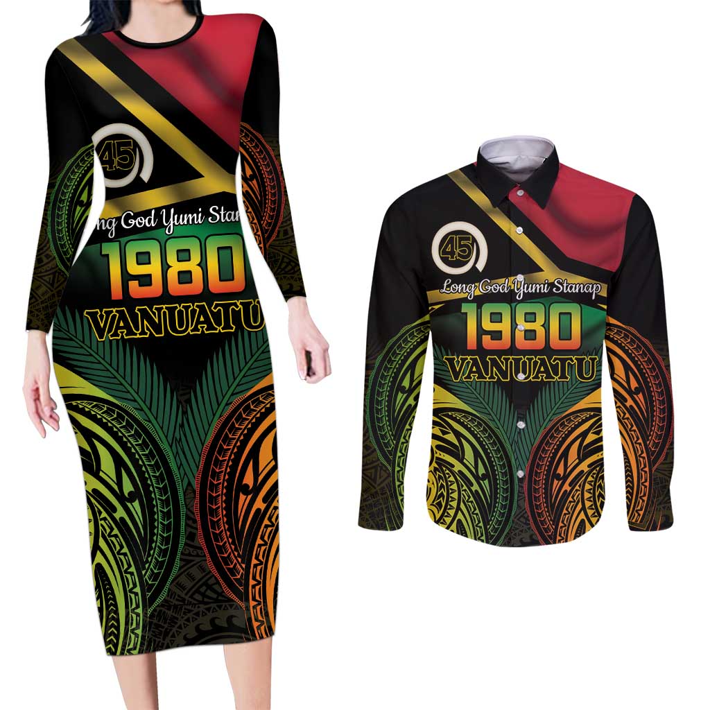 Vanuatu 1980 Couples Matching Long Sleeve Bodycon Dress and Long Sleeve Button Shirt Hapi 45 Yia Indipendens Anivesari