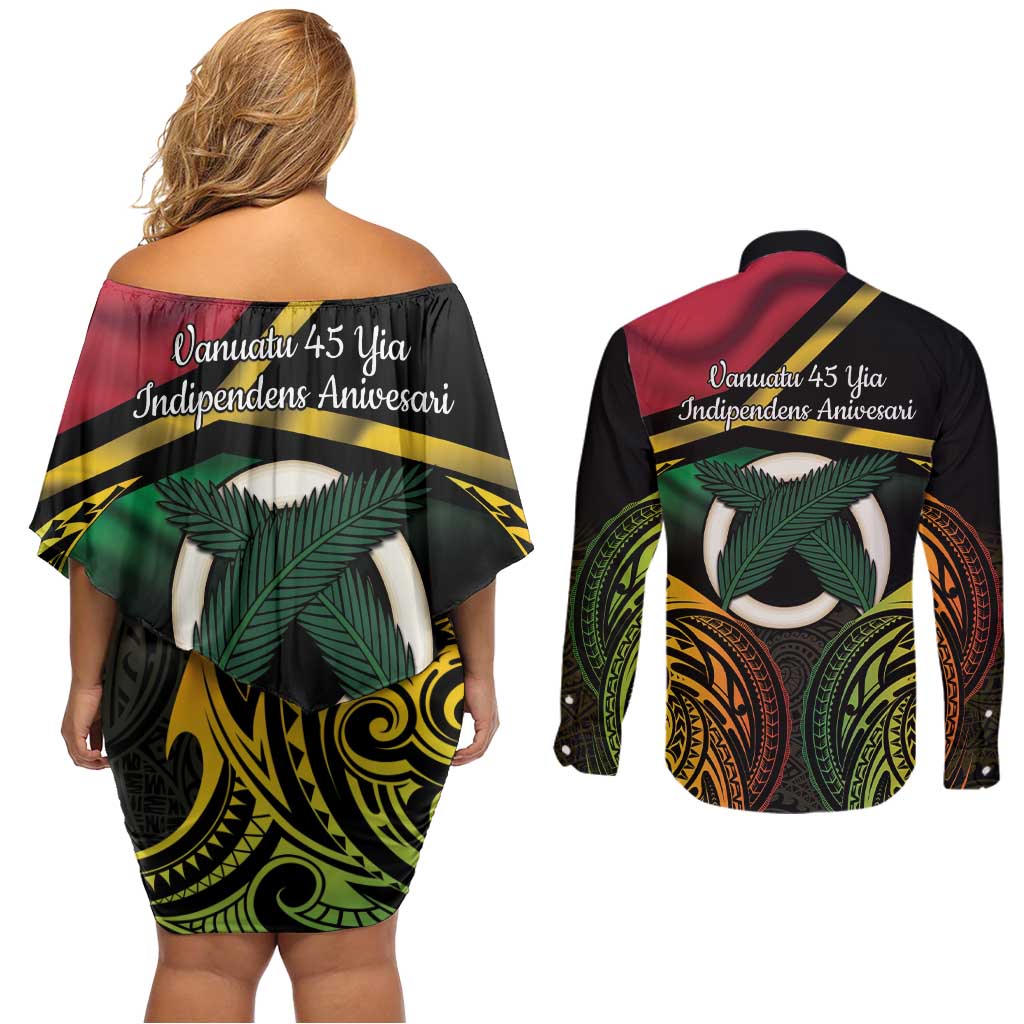 Vanuatu 1980 Couples Matching Off Shoulder Short Dress and Long Sleeve Button Shirt Hapi 45 Yia Indipendens Anivesari