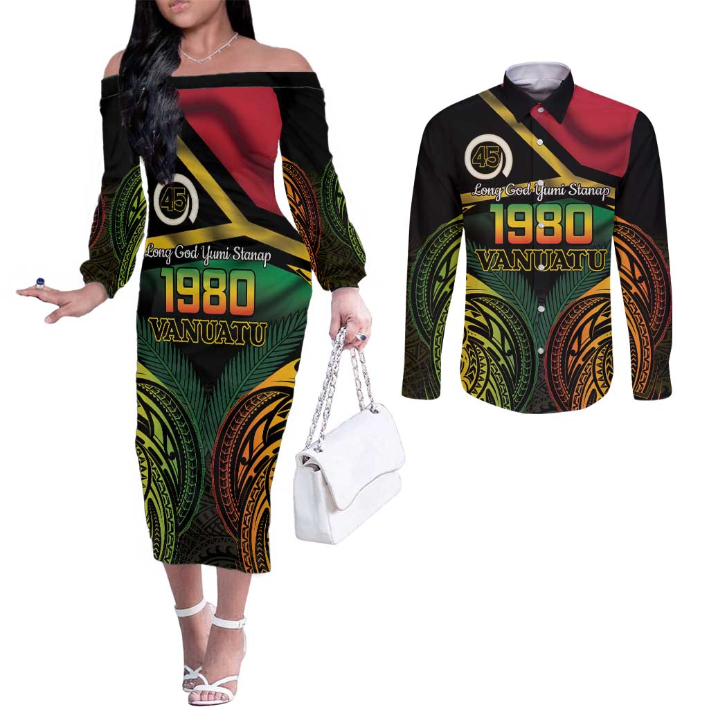Vanuatu 1980 Couples Matching Off The Shoulder Long Sleeve Dress and Long Sleeve Button Shirt Hapi 45 Yia Indipendens Anivesari