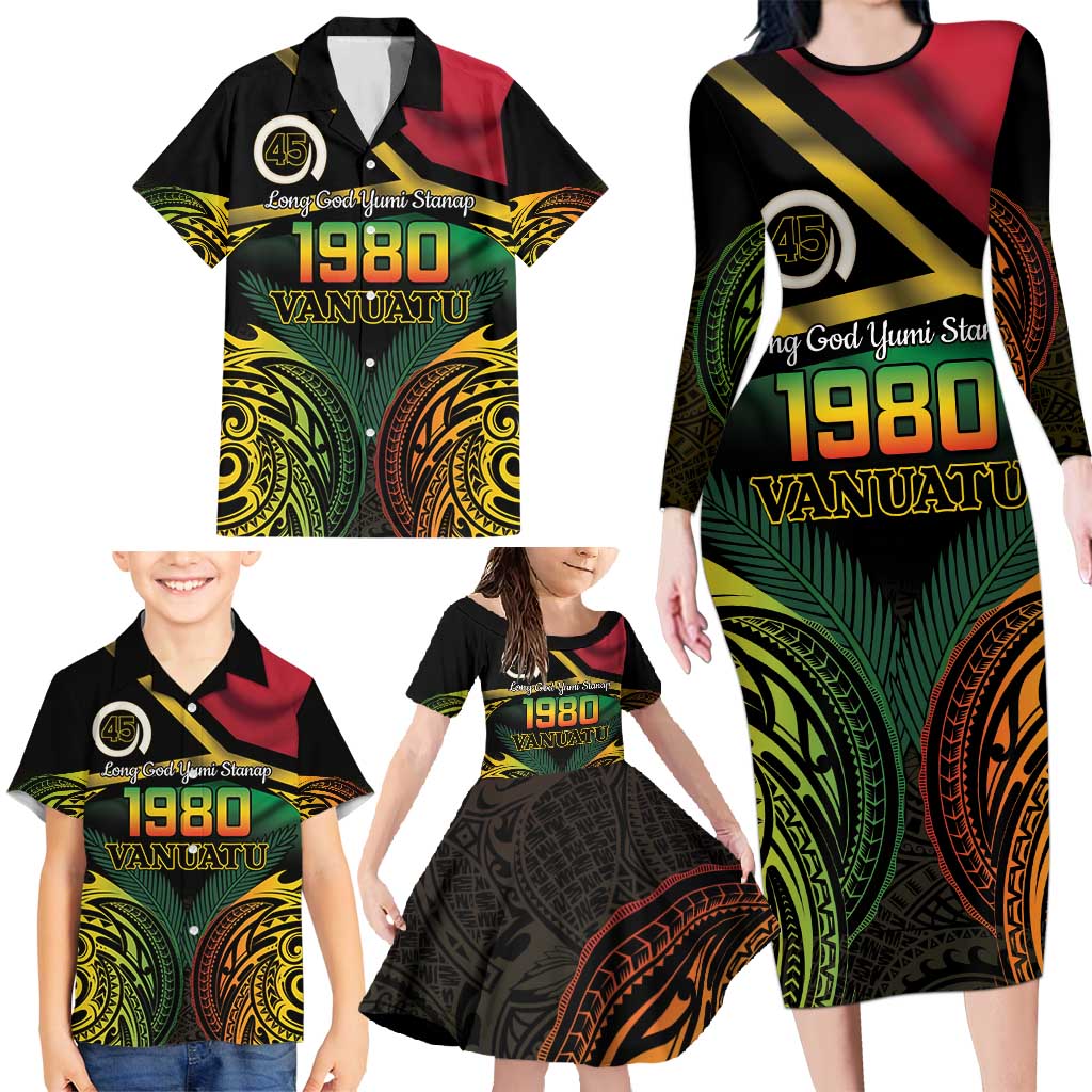Vanuatu 1980 Family Matching Long Sleeve Bodycon Dress and Hawaiian Shirt Hapi 45 Yia Indipendens Anivesari