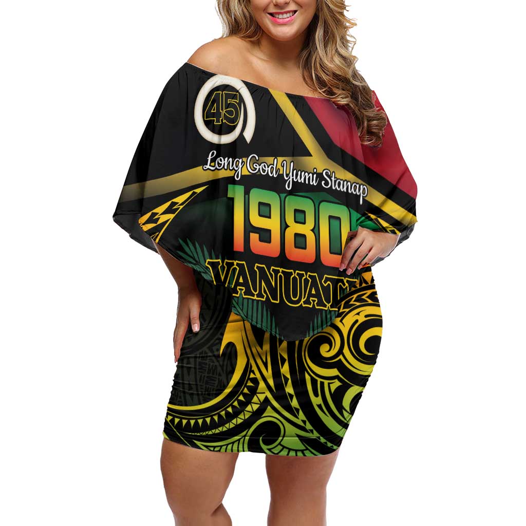 Vanuatu 1980 Family Matching Off Shoulder Short Dress and Hawaiian Shirt Hapi 45 Yia Indipendens Anivesari LT14 Mom's Dress Black - Polynesian Pride