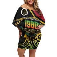Vanuatu 1980 Family Matching Off Shoulder Short Dress and Hawaiian Shirt Hapi 45 Yia Indipendens Anivesari LT14 Mom's Dress Black - Polynesian Pride
