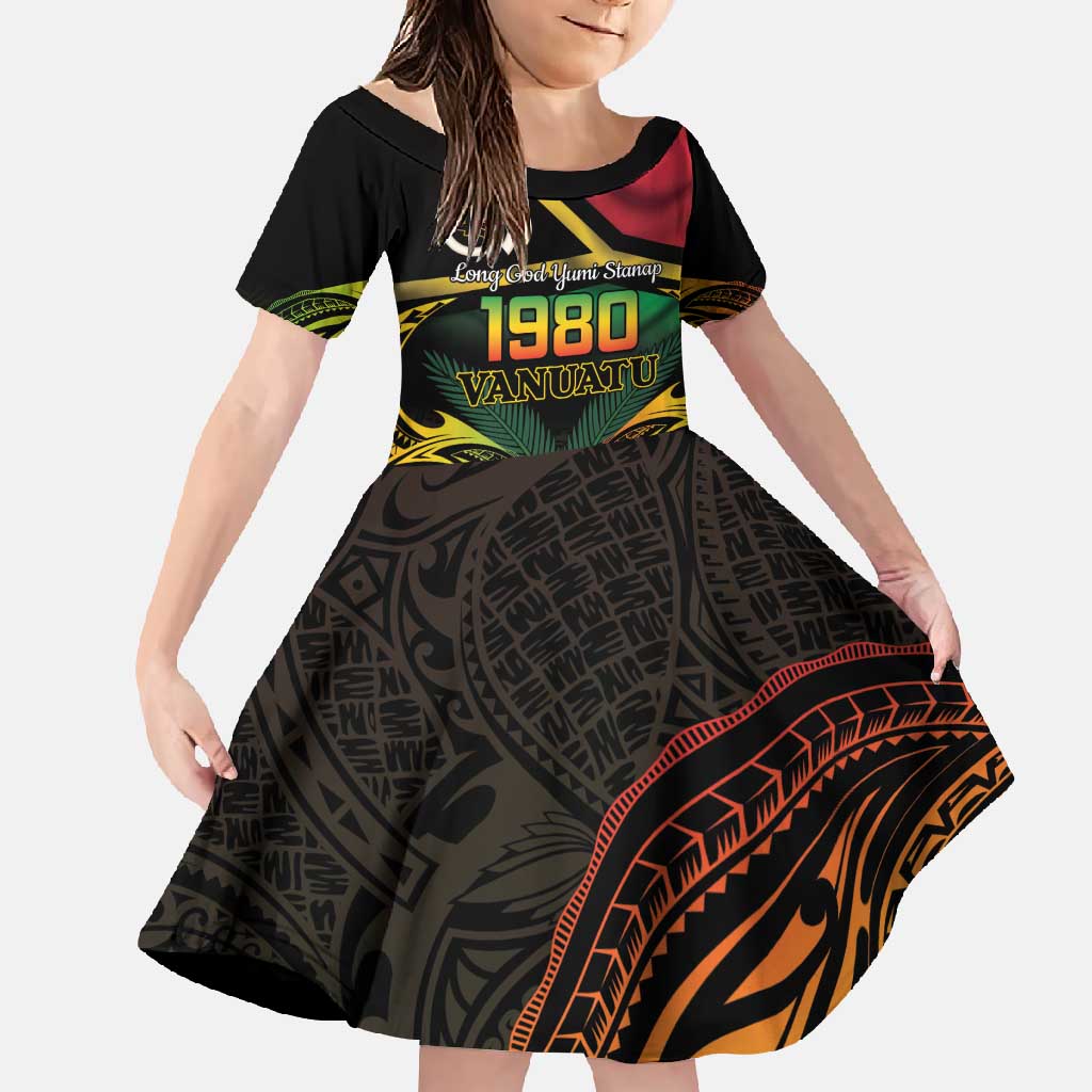Vanuatu 1980 Family Matching Short Sleeve Bodycon Dress and Hawaiian Shirt Hapi 45 Yia Indipendens Anivesari LT14 Daughter's Dress Black - Polynesian Pride