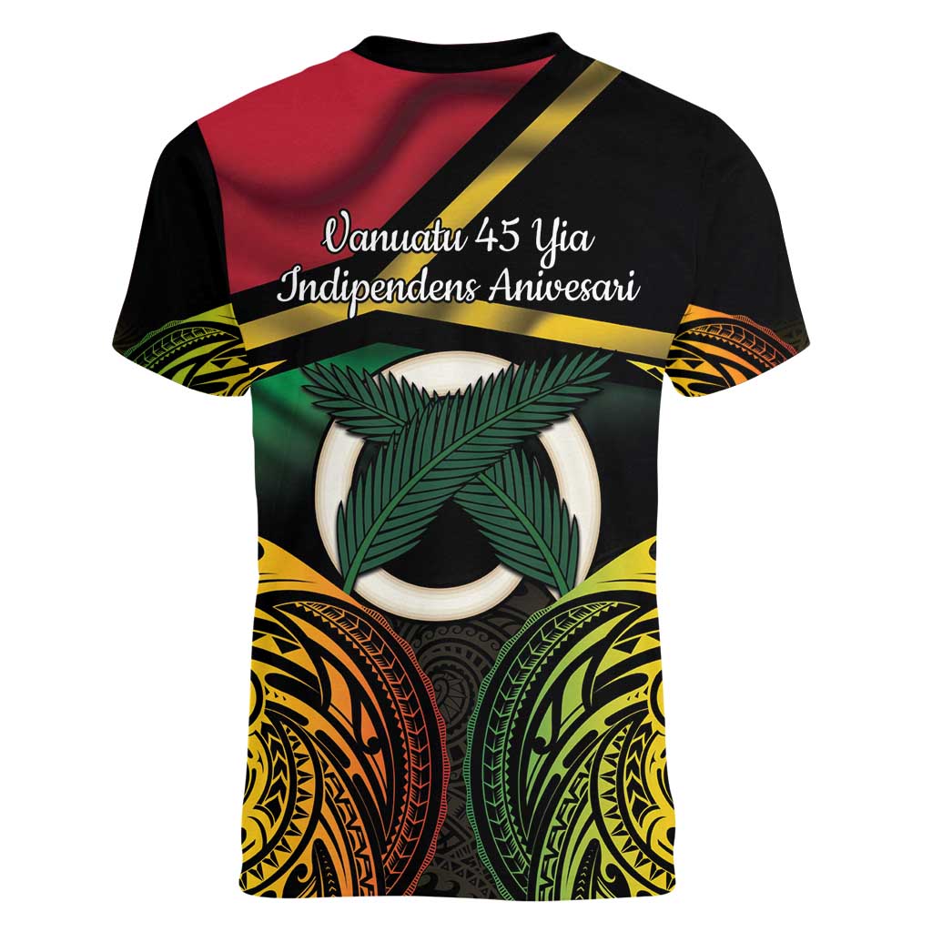 Vanuatu 1980 Women V-Neck T-Shirt Hapi 45 Yia Indipendens Anivesari