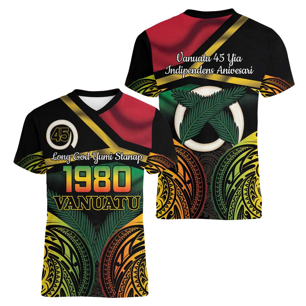 Vanuatu 1980 Women V-Neck T-Shirt Hapi 45 Yia Indipendens Anivesari