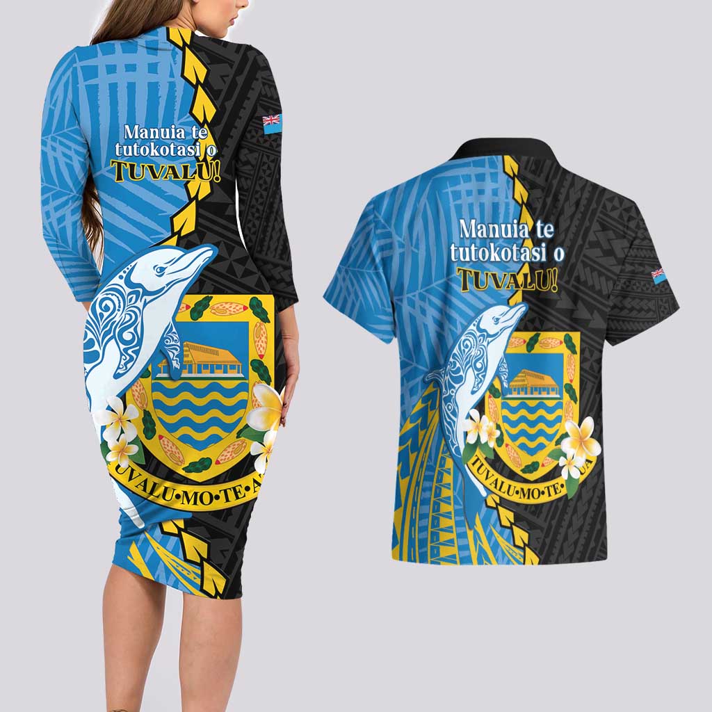 Tuvalu Independence Day Couples Matching Long Sleeve Bodycon Dress and Hawaiian Shirt Manuia te tutokotasi o Tuvaluan Dolphin Tattoo LT14 - Polynesian Pride