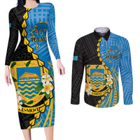 Tuvalu Independence Day Couples Matching Long Sleeve Bodycon Dress and Long Sleeve Button Shirt Manuia te tutokotasi o Tuvaluan Dolphin Tattoo LT14 Blue - Polynesian Pride