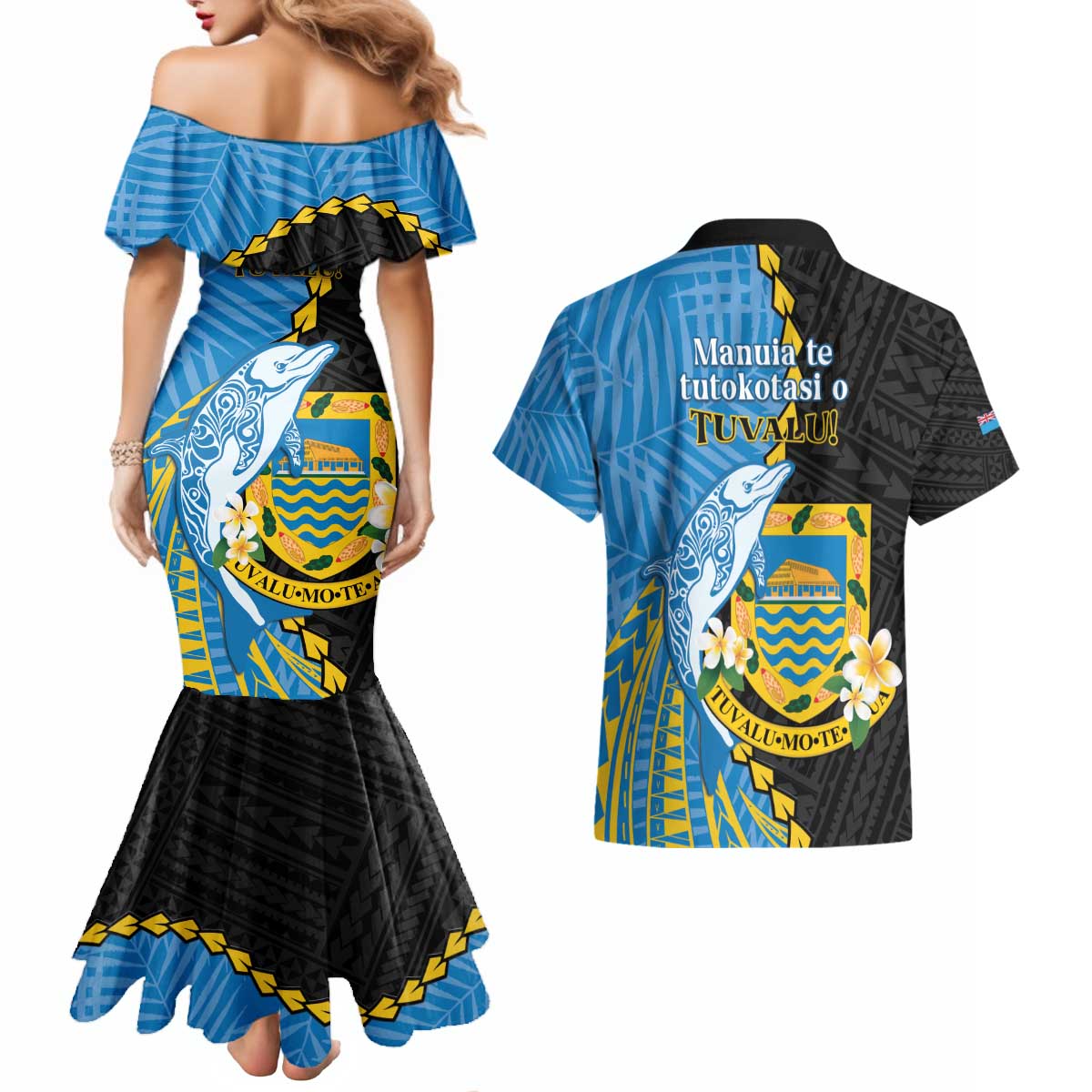 Tuvalu Independence Day Couples Matching Mermaid Dress and Hawaiian Shirt Manuia te tutokotasi o Tuvaluan Dolphin Tattoo LT14 - Polynesian Pride
