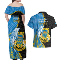 Tuvalu Independence Day Couples Matching Off Shoulder Maxi Dress and Hawaiian Shirt Manuia te tutokotasi o Tuvaluan Dolphin Tattoo LT14 - Polynesian Pride