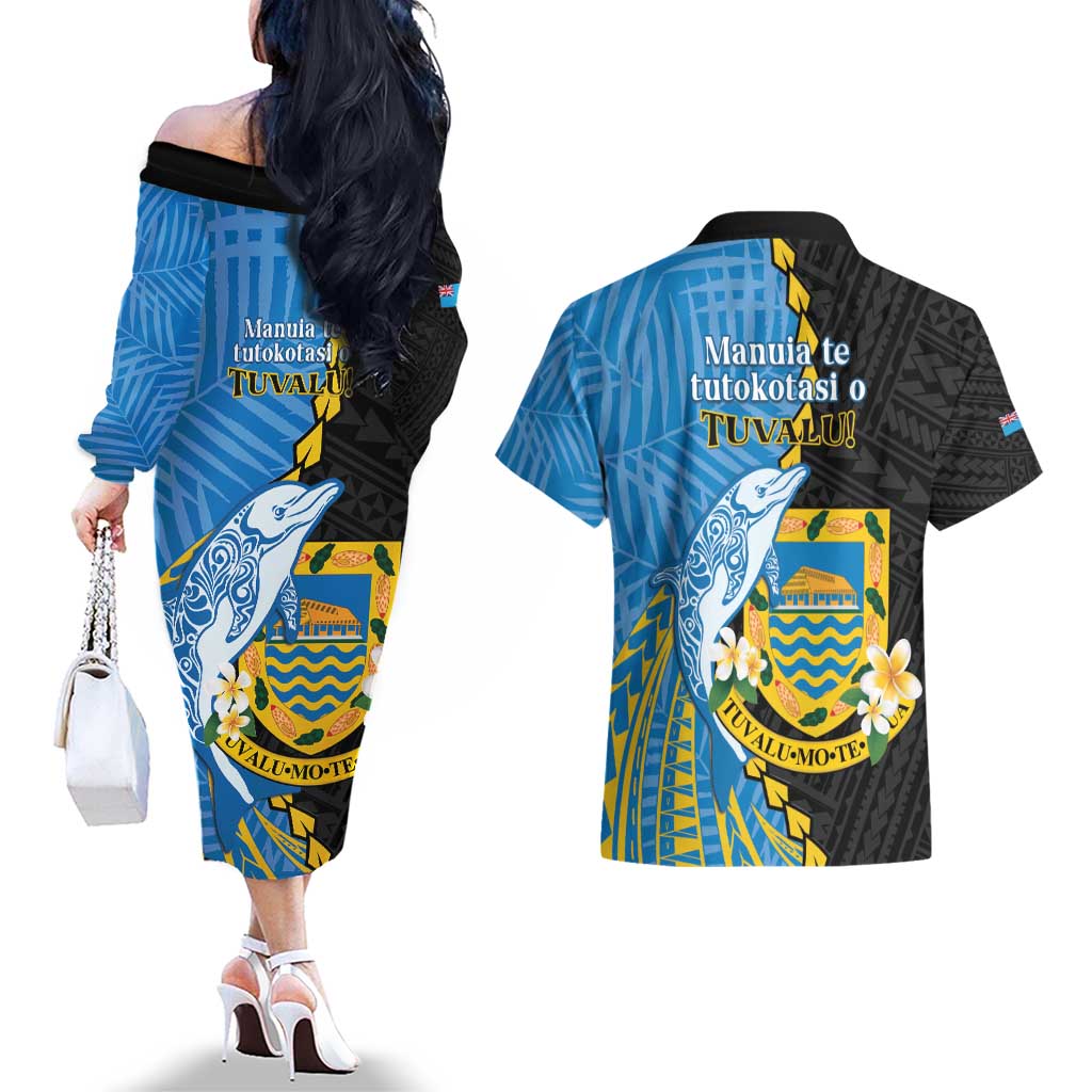 Tuvalu Independence Day Couples Matching Off The Shoulder Long Sleeve Dress and Hawaiian Shirt Manuia te tutokotasi o Tuvaluan Dolphin Tattoo LT14 - Polynesian Pride