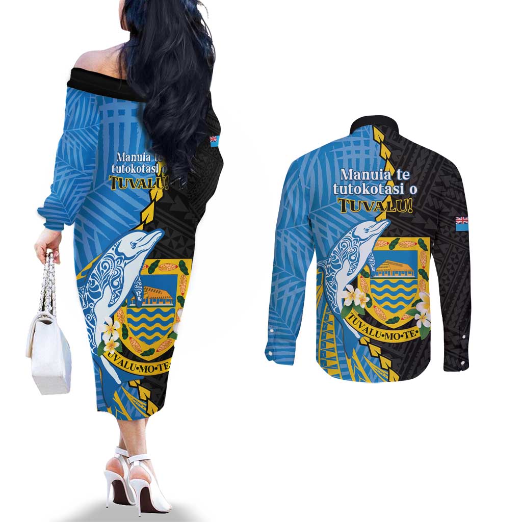 Tuvalu Independence Day Couples Matching Off The Shoulder Long Sleeve Dress and Long Sleeve Button Shirt Manuia te tutokotasi o Tuvaluan Dolphin Tattoo LT14 - Polynesian Pride