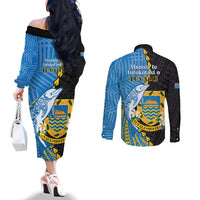Tuvalu Independence Day Couples Matching Off The Shoulder Long Sleeve Dress and Long Sleeve Button Shirt Manuia te tutokotasi o Tuvaluan Dolphin Tattoo LT14 - Polynesian Pride