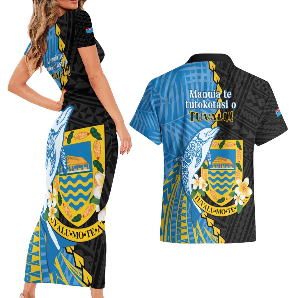 Tuvalu Independence Day Couples Matching Short Sleeve Bodycon Dress and Hawaiian Shirt Manuia te tutokotasi o Tuvaluan Dolphin Tattoo LT14 - Polynesian Pride