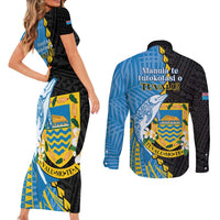 Tuvalu Independence Day Couples Matching Short Sleeve Bodycon Dress and Long Sleeve Button Shirt Manuia te tutokotasi o Tuvaluan Dolphin Tattoo LT14 - Polynesian Pride