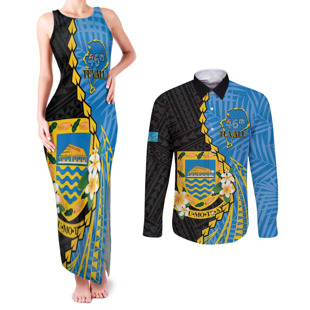 Tuvalu Independence Day Couples Matching Tank Maxi Dress and Long Sleeve Button Shirt Manuia te tutokotasi o Tuvaluan Dolphin Tattoo LT14 Blue - Polynesian Pride