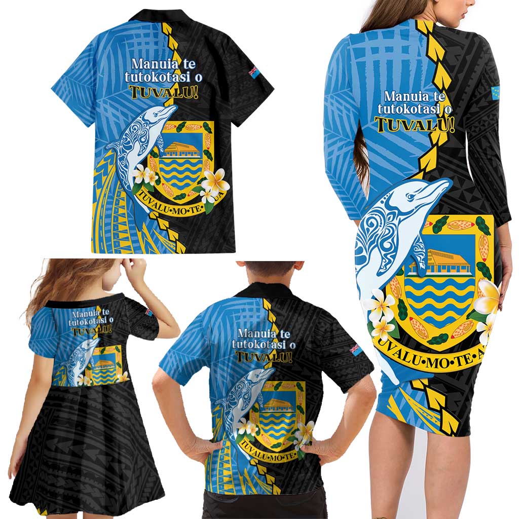 Tuvalu Independence Day Family Matching Long Sleeve Bodycon Dress and Hawaiian Shirt Manuia te tutokotasi o Tuvaluan Dolphin Tattoo LT14 - Polynesian Pride