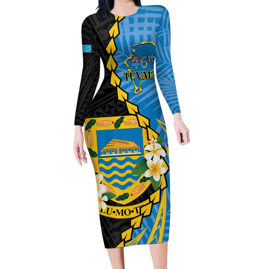 Tuvalu Independence Day Family Matching Long Sleeve Bodycon Dress and Hawaiian Shirt Manuia te tutokotasi o Tuvaluan Dolphin Tattoo LT14 Mom's Dress Blue - Polynesian Pride