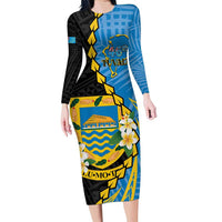 Tuvalu Independence Day Family Matching Long Sleeve Bodycon Dress and Hawaiian Shirt Manuia te tutokotasi o Tuvaluan Dolphin Tattoo LT14 Mom's Dress Blue - Polynesian Pride