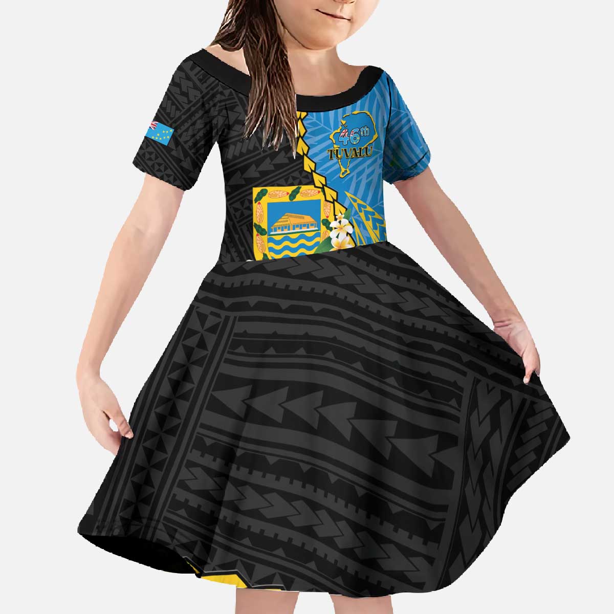 Tuvalu Independence Day Family Matching Off The Shoulder Long Sleeve Dress and Hawaiian Shirt Manuia te tutokotasi o Tuvaluan Dolphin Tattoo LT14 Daughter's Dress Blue - Polynesian Pride