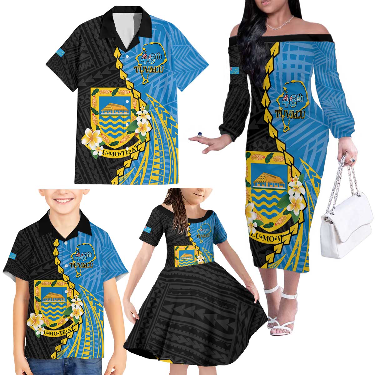 Tuvalu Independence Day Family Matching Off The Shoulder Long Sleeve Dress and Hawaiian Shirt Manuia te tutokotasi o Tuvaluan Dolphin Tattoo LT14 - Polynesian Pride