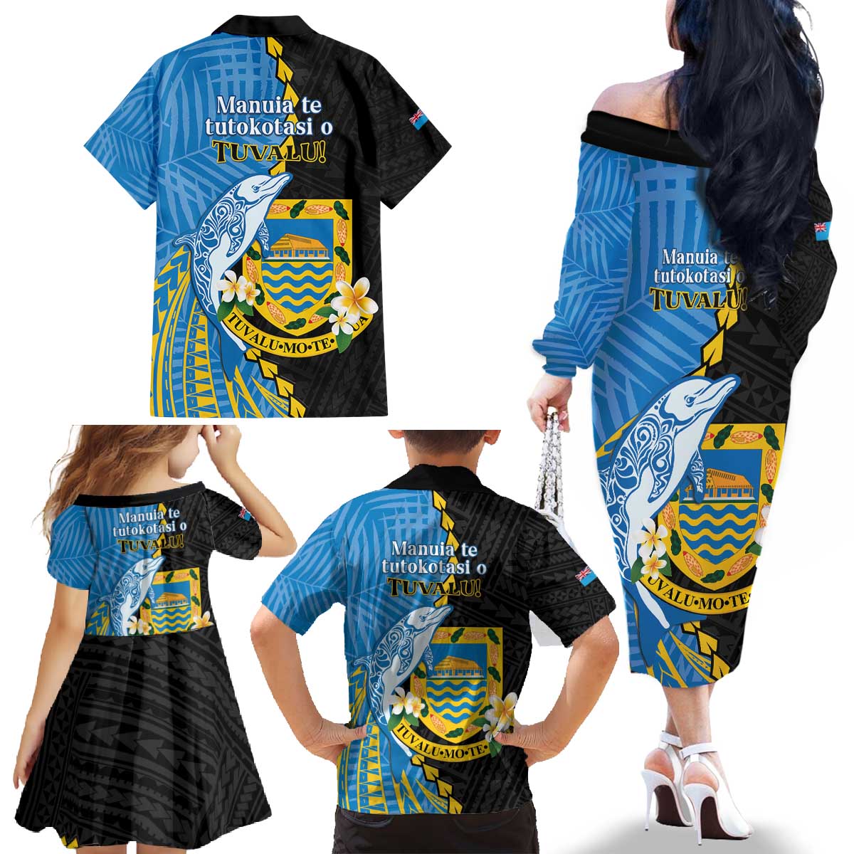 Tuvalu Independence Day Family Matching Off The Shoulder Long Sleeve Dress and Hawaiian Shirt Manuia te tutokotasi o Tuvaluan Dolphin Tattoo LT14 - Polynesian Pride