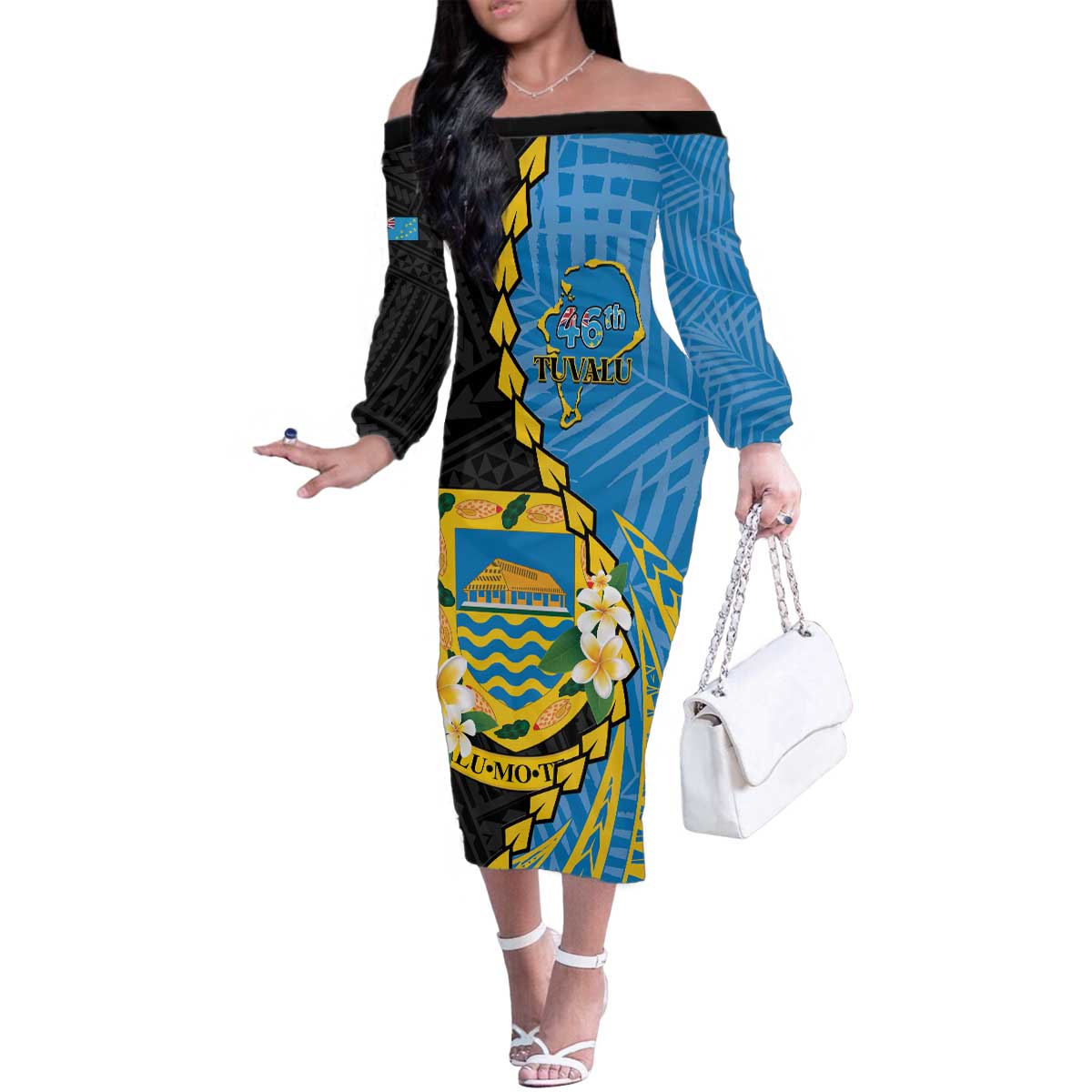 Tuvalu Independence Day Family Matching Off The Shoulder Long Sleeve Dress and Hawaiian Shirt Manuia te tutokotasi o Tuvaluan Dolphin Tattoo LT14 Mom's Dress Blue - Polynesian Pride
