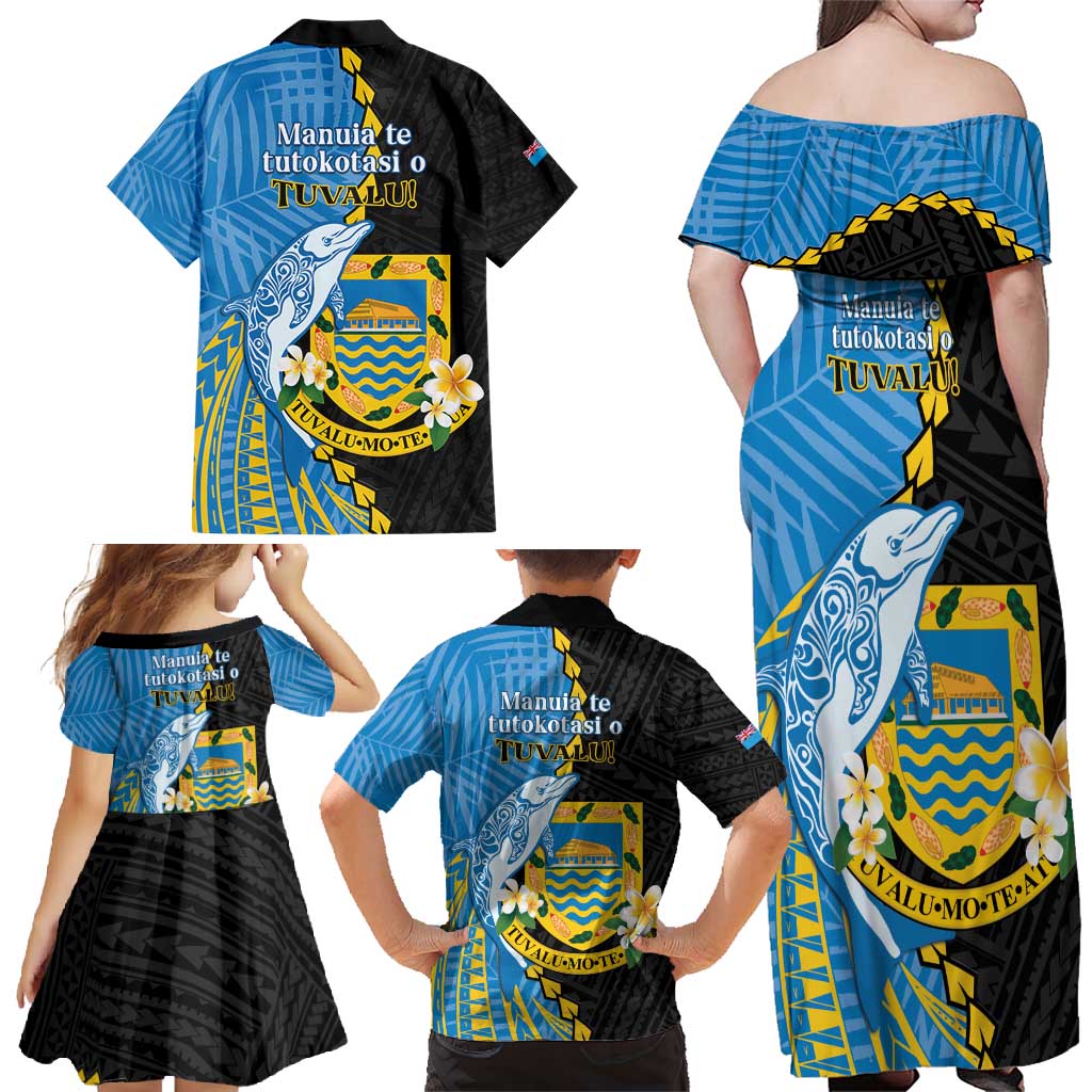Tuvalu Independence Day Family Matching Off Shoulder Maxi Dress and Hawaiian Shirt Manuia te tutokotasi o Tuvaluan Dolphin Tattoo LT14 - Polynesian Pride