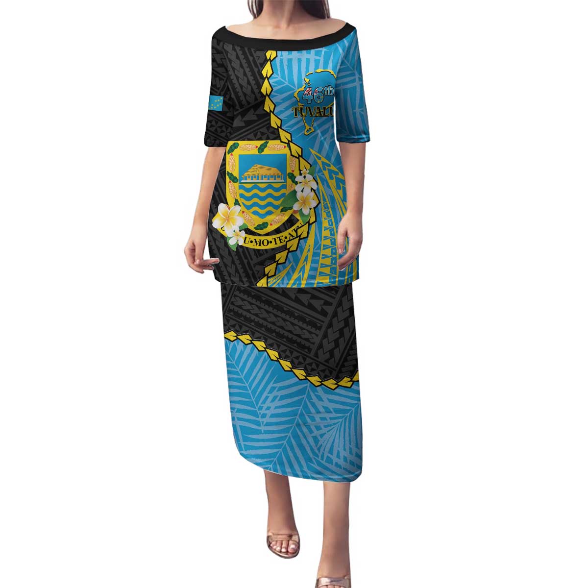 Tuvalu Independence Day Family Matching Puletasi and Hawaiian Shirt Manuia te tutokotasi o Tuvaluan Dolphin Tattoo LT14 Mom's Dress Blue - Polynesian Pride