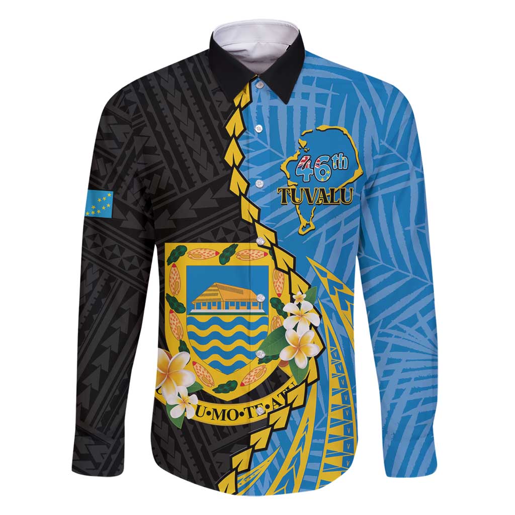 Tuvalu Independence Day Family Matching Tank Maxi Dress and Hawaiian Shirt Manuia te tutokotasi o Tuvaluan Dolphin Tattoo LT14 Dad's Shirt - Long Sleeve Blue - Polynesian Pride