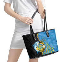 Tuvalu Independence Day Leather Tote Bag Manuia te tutokotasi o Tuvaluan Dolphin Tattoo