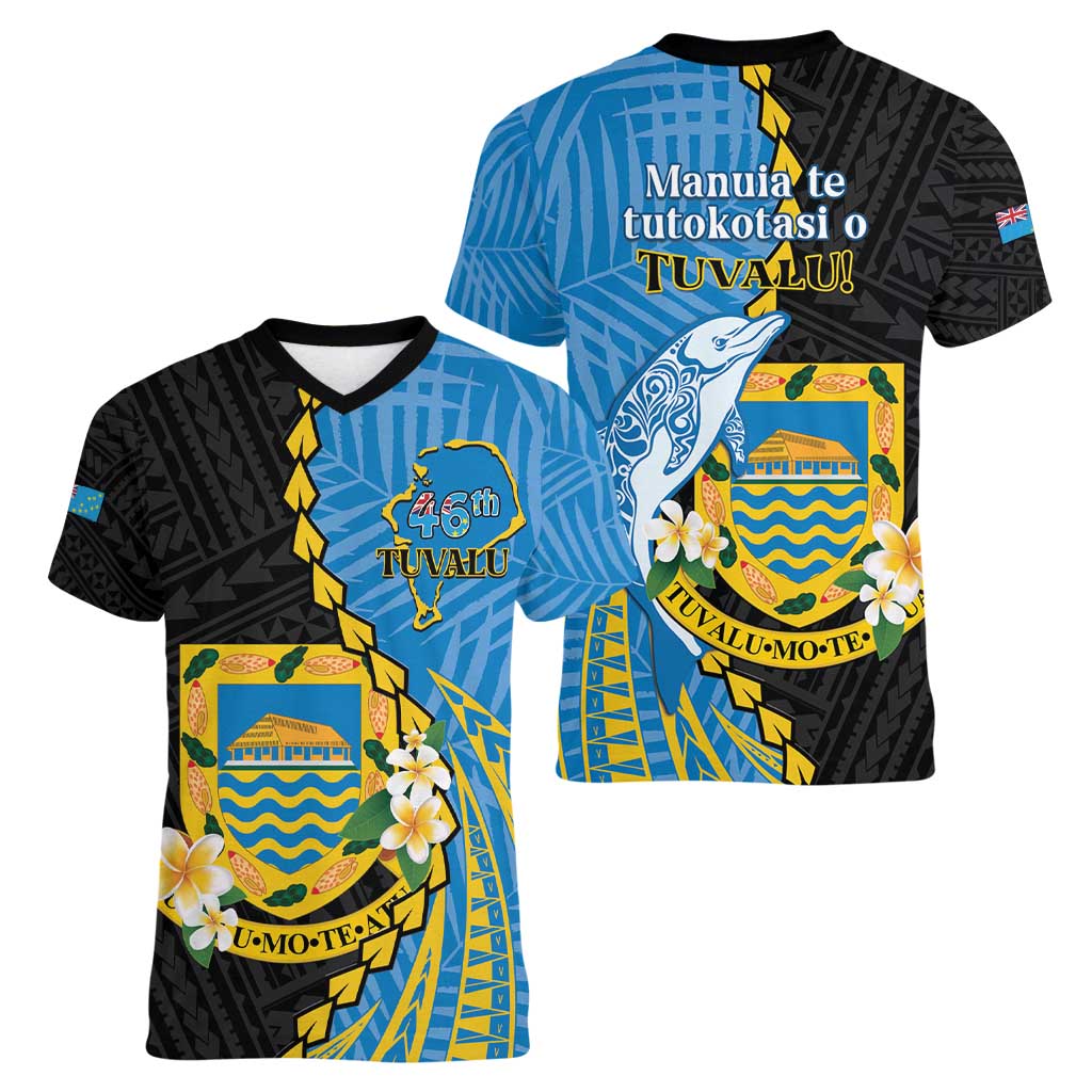 Tuvalu Independence Day Women V-Neck T-Shirt Manuia te tutokotasi o Tuvaluan Dolphin Tattoo LT14 - Polynesian Pride