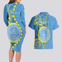Personalised Palau Independence Day Couples Matching Long Sleeve Bodycon Dress and Hawaiian Shirt Belau Coat Of Arms Polynesian Curve Style LT14 - Polynesian Pride