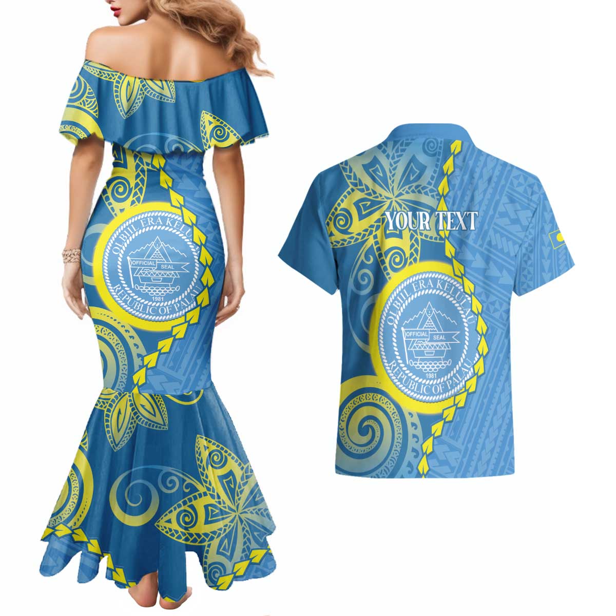 Personalised Palau Independence Day Couples Matching Mermaid Dress and Hawaiian Shirt Belau Coat Of Arms Polynesian Curve Style LT14 - Polynesian Pride