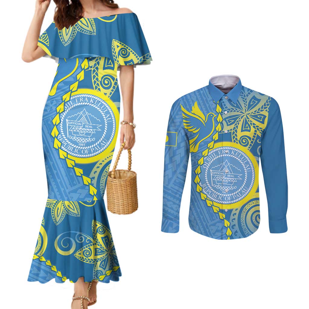 Personalised Palau Independence Day Couples Matching Mermaid Dress and Long Sleeve Button Shirt Belau Coat Of Arms Polynesian Curve Style LT14 Blue - Polynesian Pride
