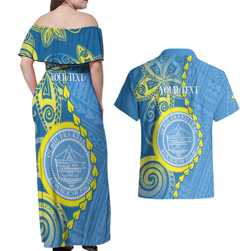 Personalised Palau Independence Day Couples Matching Off Shoulder Maxi Dress and Hawaiian Shirt Belau Coat Of Arms Polynesian Curve Style LT14 - Polynesian Pride