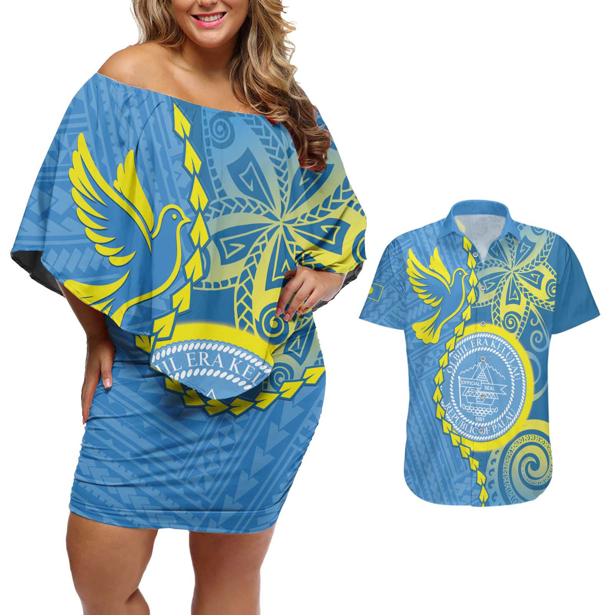 Personalised Palau Independence Day Couples Matching Off Shoulder Short Dress and Hawaiian Shirt Belau Coat Of Arms Polynesian Curve Style LT14 Blue - Polynesian Pride