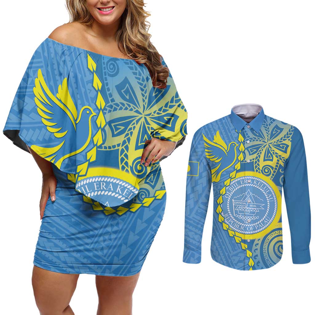 Personalised Palau Independence Day Couples Matching Off Shoulder Short Dress and Long Sleeve Button Shirt Belau Coat Of Arms Polynesian Curve Style LT14 Blue - Polynesian Pride
