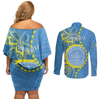 Personalised Palau Independence Day Couples Matching Off Shoulder Short Dress and Long Sleeve Button Shirt Belau Coat Of Arms Polynesian Curve Style LT14 - Polynesian Pride