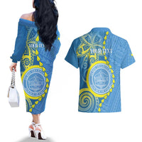 Personalised Palau Independence Day Couples Matching Off The Shoulder Long Sleeve Dress and Hawaiian Shirt Belau Coat Of Arms Polynesian Curve Style LT14 - Polynesian Pride