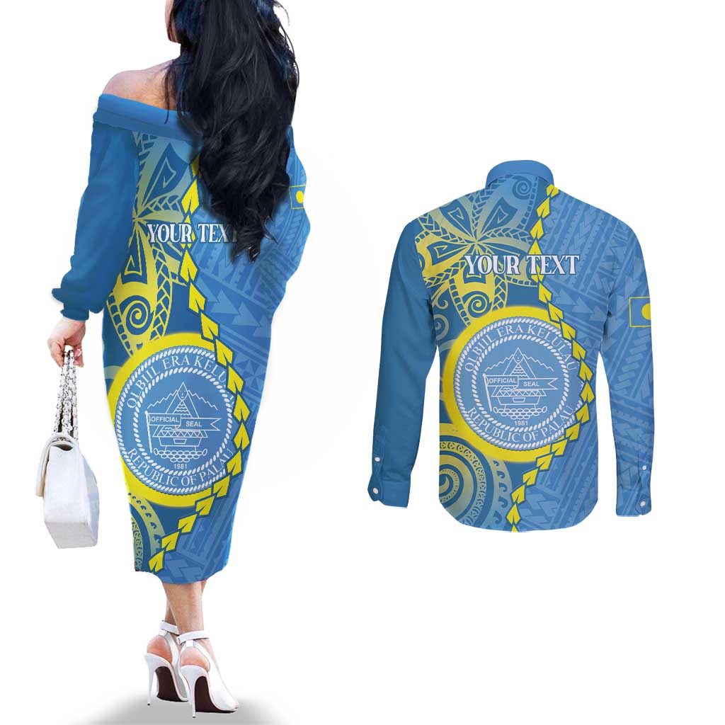 Personalised Palau Independence Day Couples Matching Off The Shoulder Long Sleeve Dress and Long Sleeve Button Shirt Belau Coat Of Arms Polynesian Curve Style LT14 - Polynesian Pride