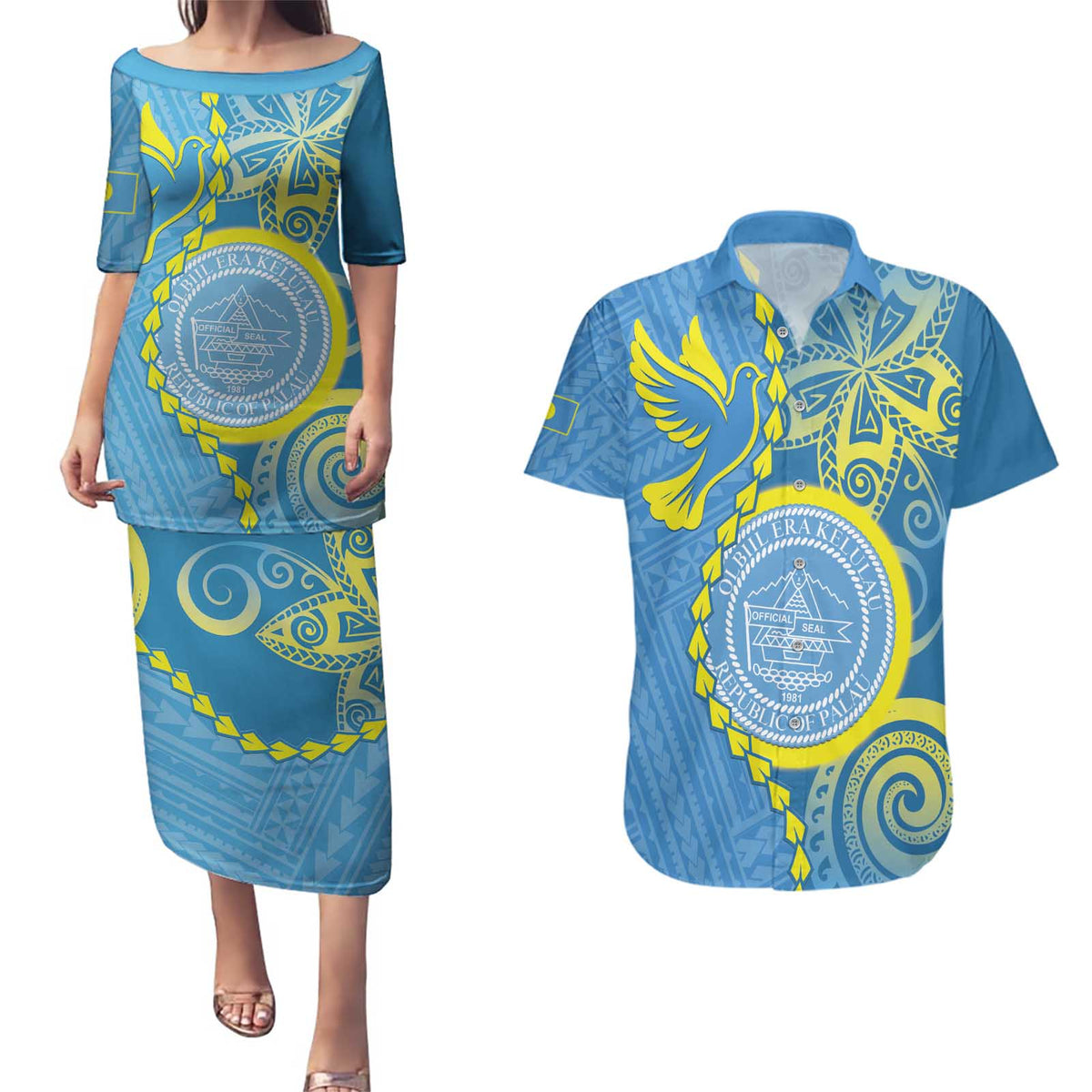 Personalised Palau Independence Day Couples Matching Puletasi and Hawaiian Shirt Belau Coat Of Arms Polynesian Curve Style LT14 Blue - Polynesian Pride
